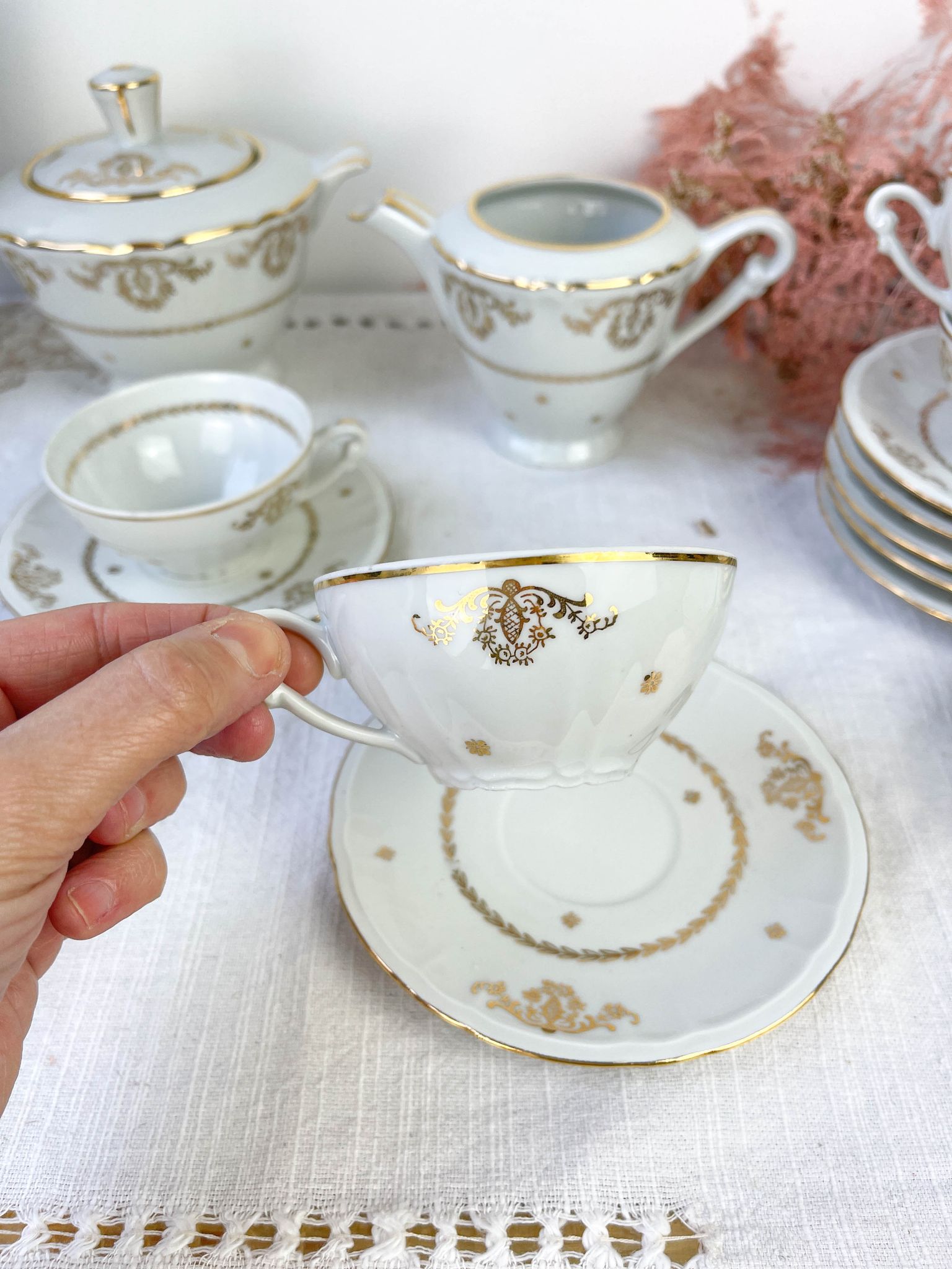 Vintage tea set in golden white porcelain CHAUVIGNY LIMOGES