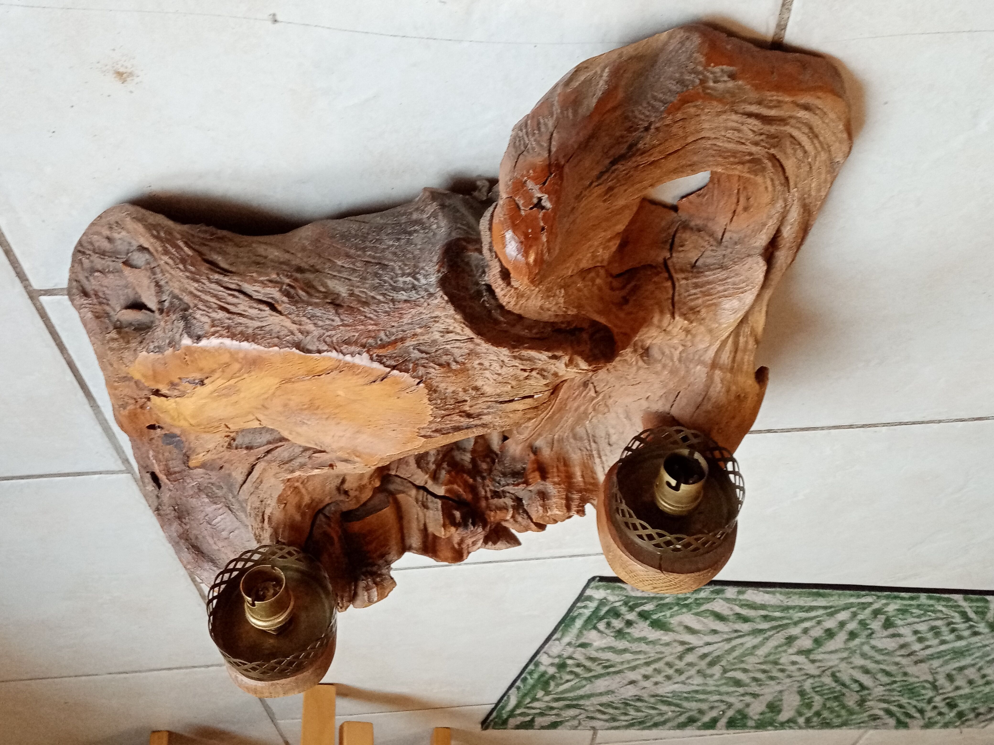 Pair of vintage brutalist wood wall lamp