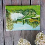 Oil on canvas lake in autumn
