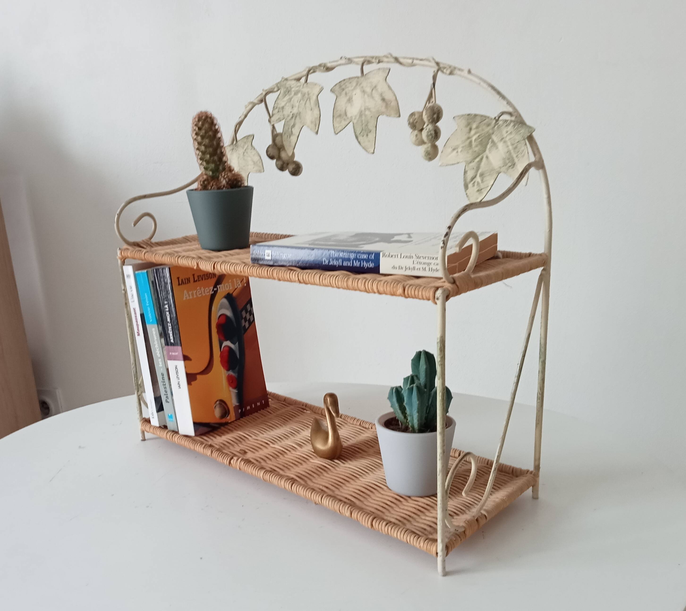 Vintage wall shelf or freestanding wicker in bohemian style.