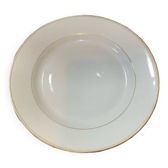 Large round white soup plate with gold outline