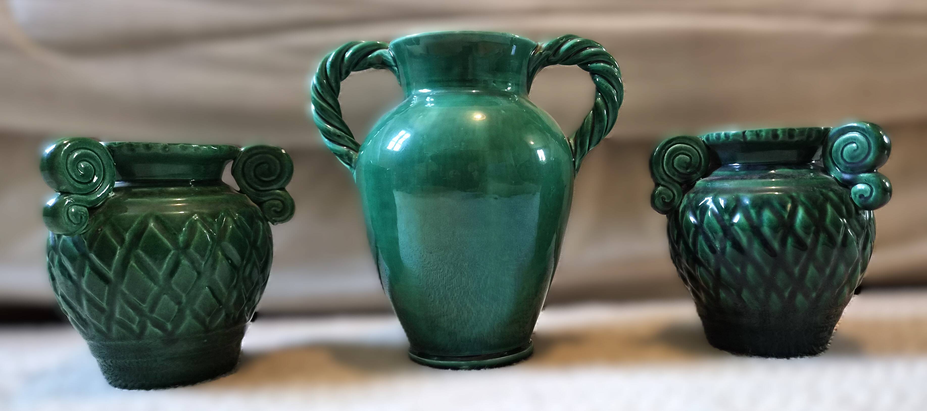 Vintage Vallauris trio of emerald green vases from the 50s/60s.