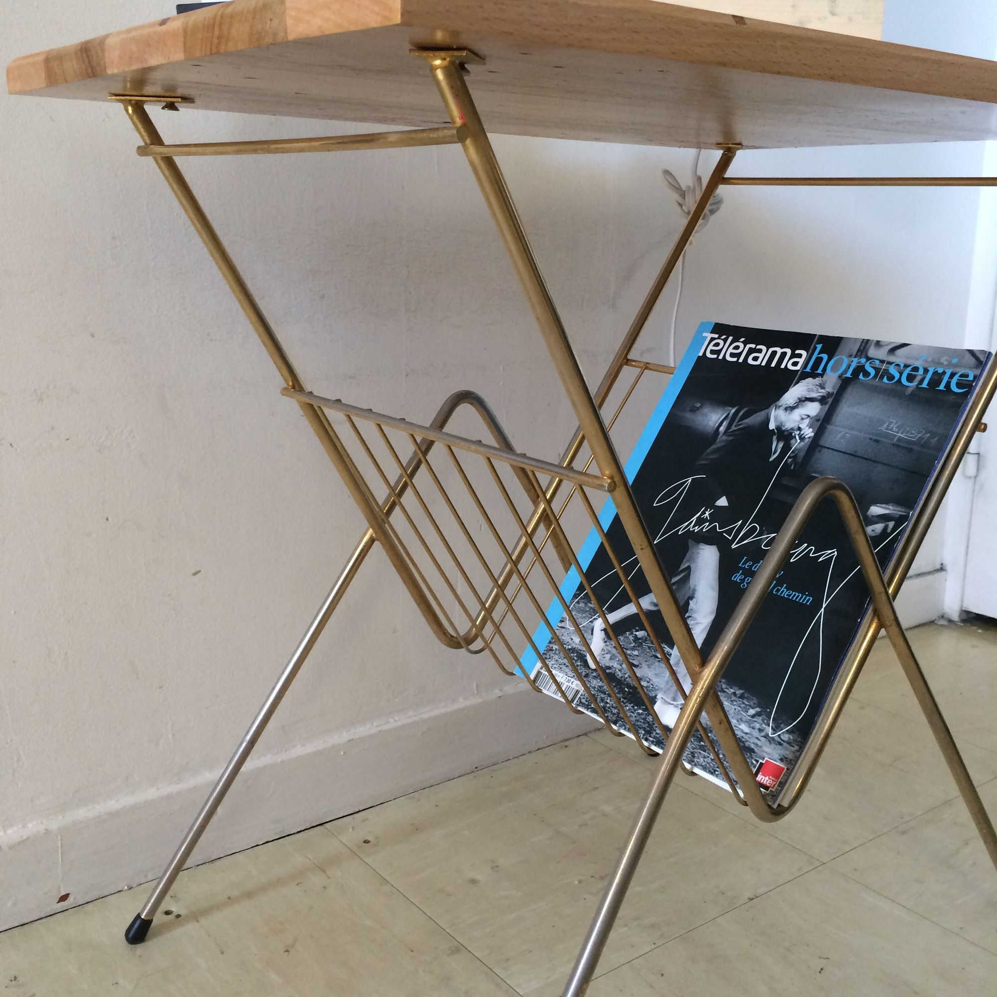 Vintage gilded metal side table with magazines/vinyl records and original wooden top
