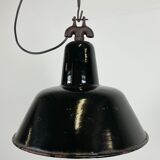Industrial black enamel factory lamp with cast iron top, 1950s