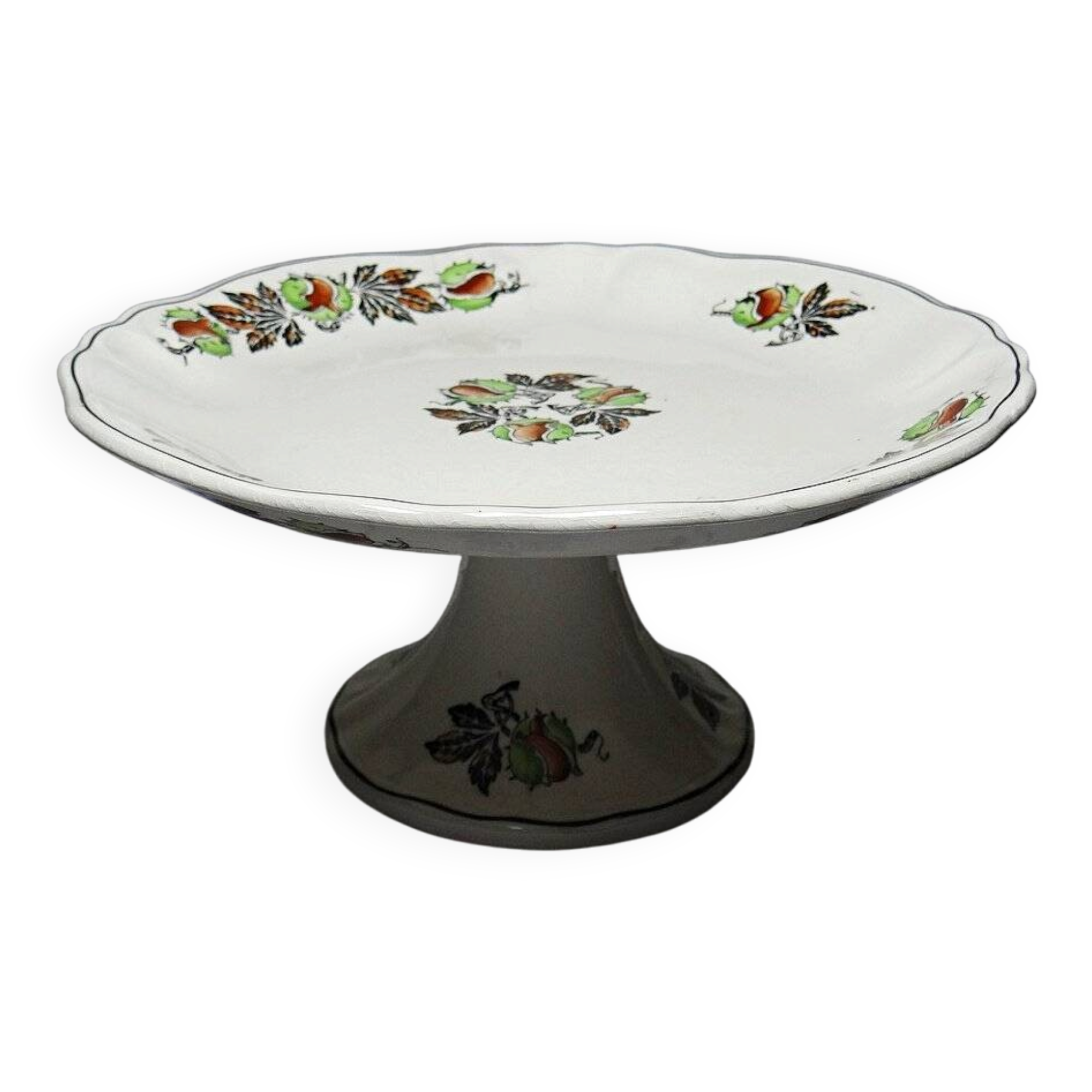 Antique compote dish "Marrons" Longchamp earthenware, polychrome ironstone.