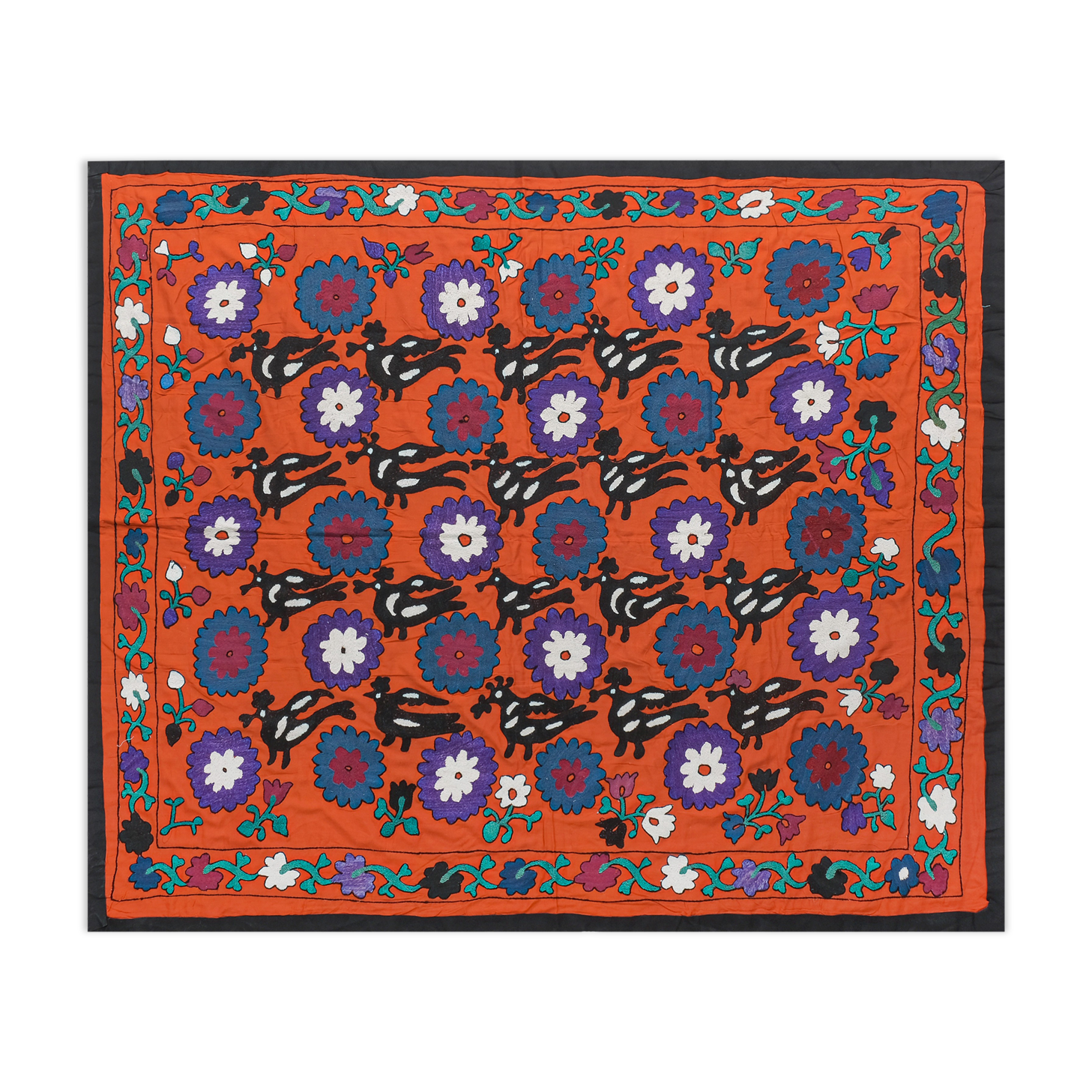 1970s folk art suzani with mythological birds, animal red uzbekistan wall decor