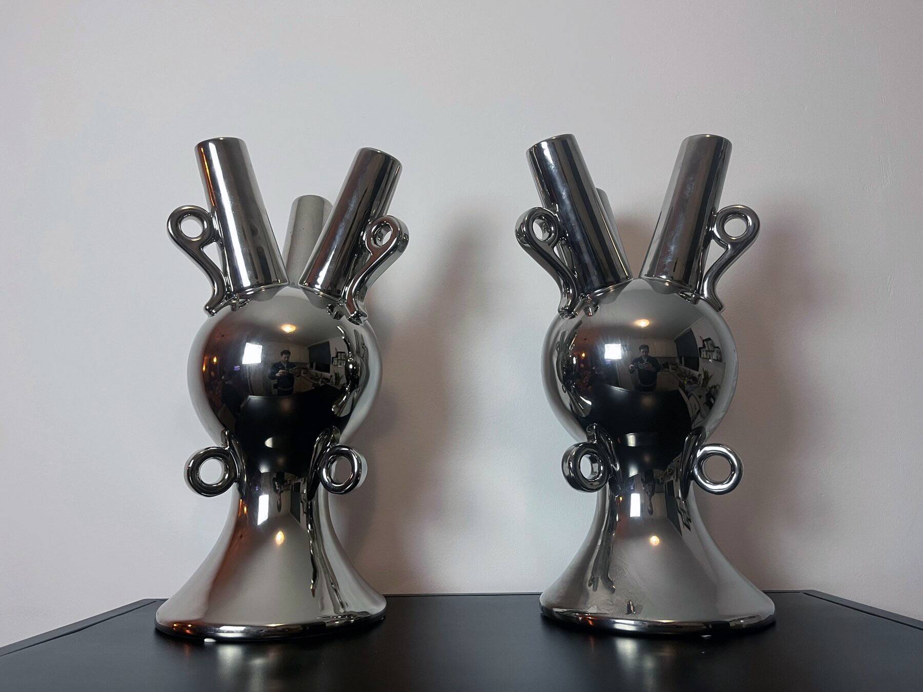 2 Large Vintage Vases • Chrome Ceramic • XXL • 1990