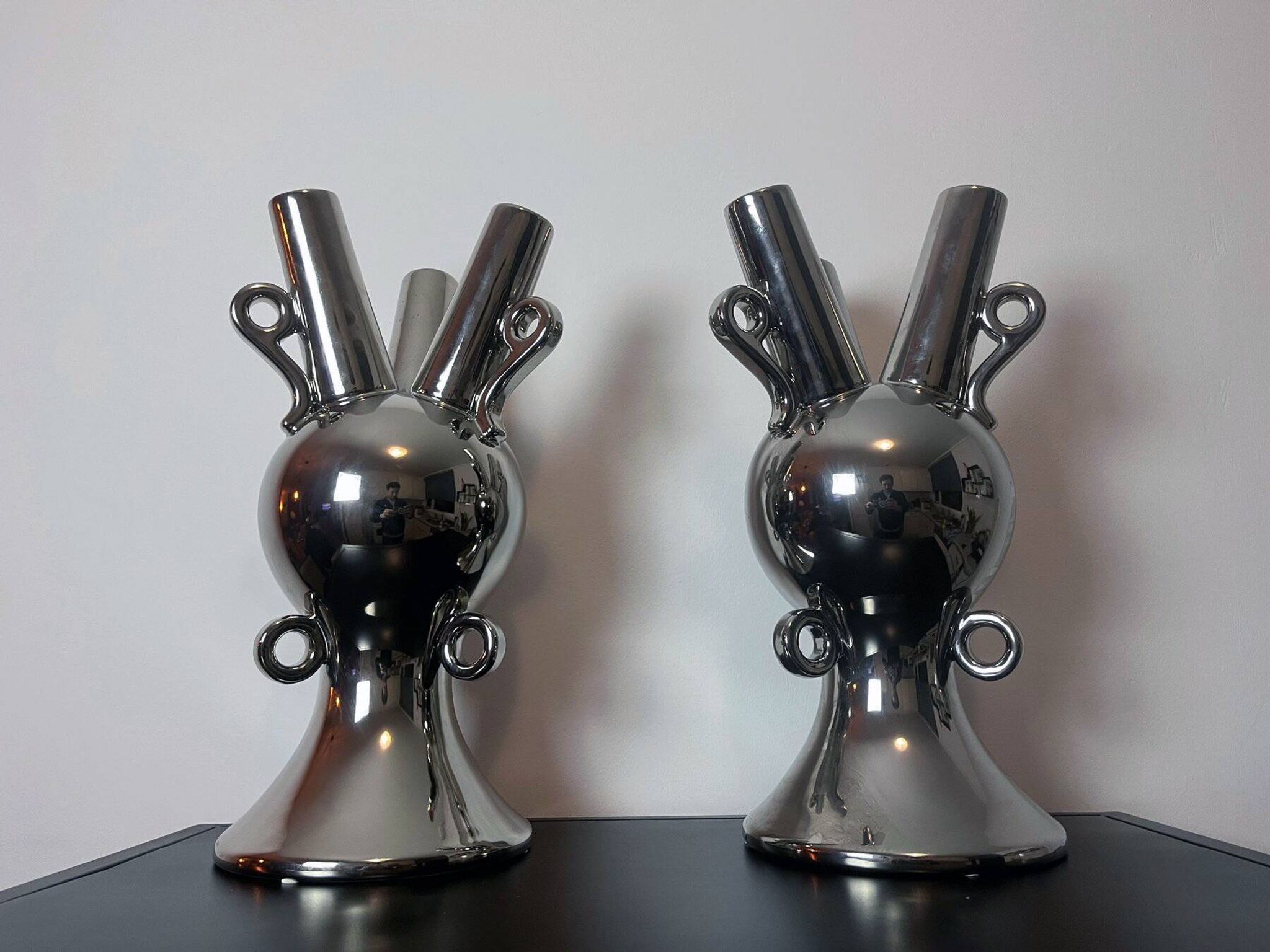 2 Grands Vases Vintage • Céramique Chromée • XXL • 1990