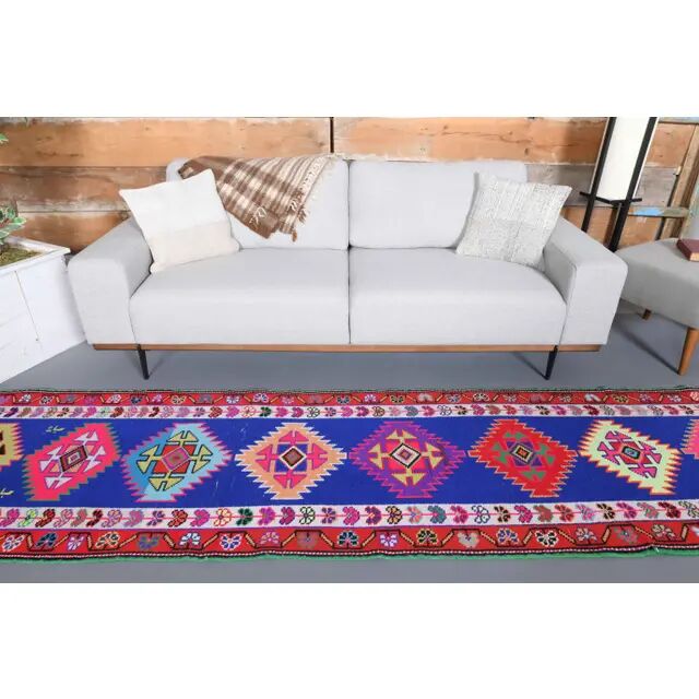 1970s Vintage Turkish Hand-Knotted Wool Cotton Blue Runner Rug 83x364