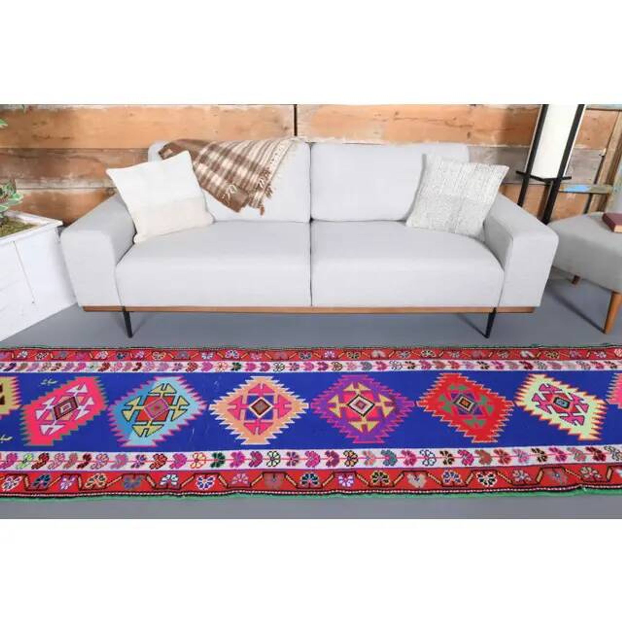 1970s Vintage Turkish Hand-Knotted Wool Cotton Blue Runner Rug 83x364