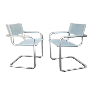Pair of gray leather cantilever armchairs made in Italy