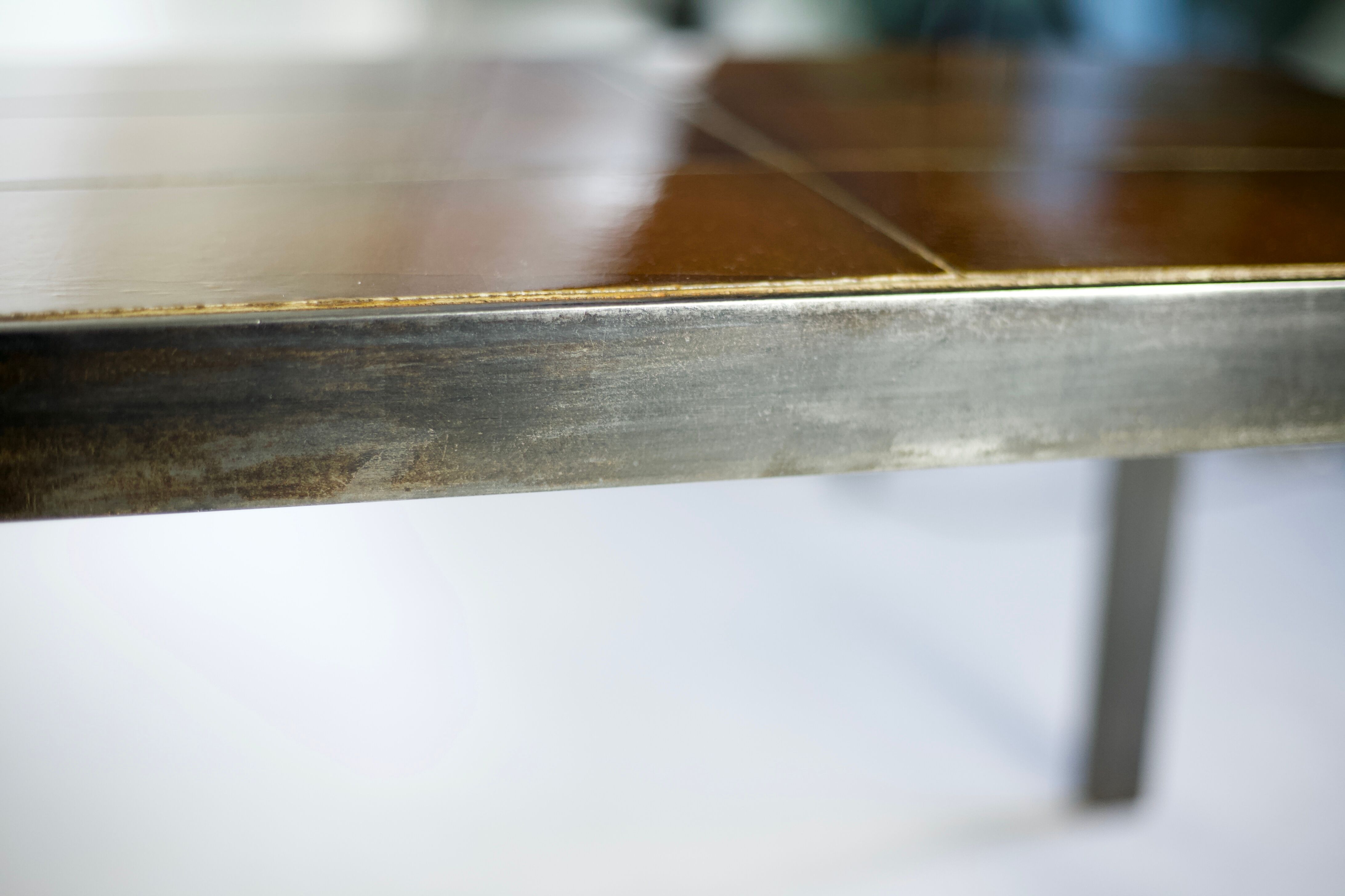 Coffee table signed Roger Capron, steel and ceramic, bird motif