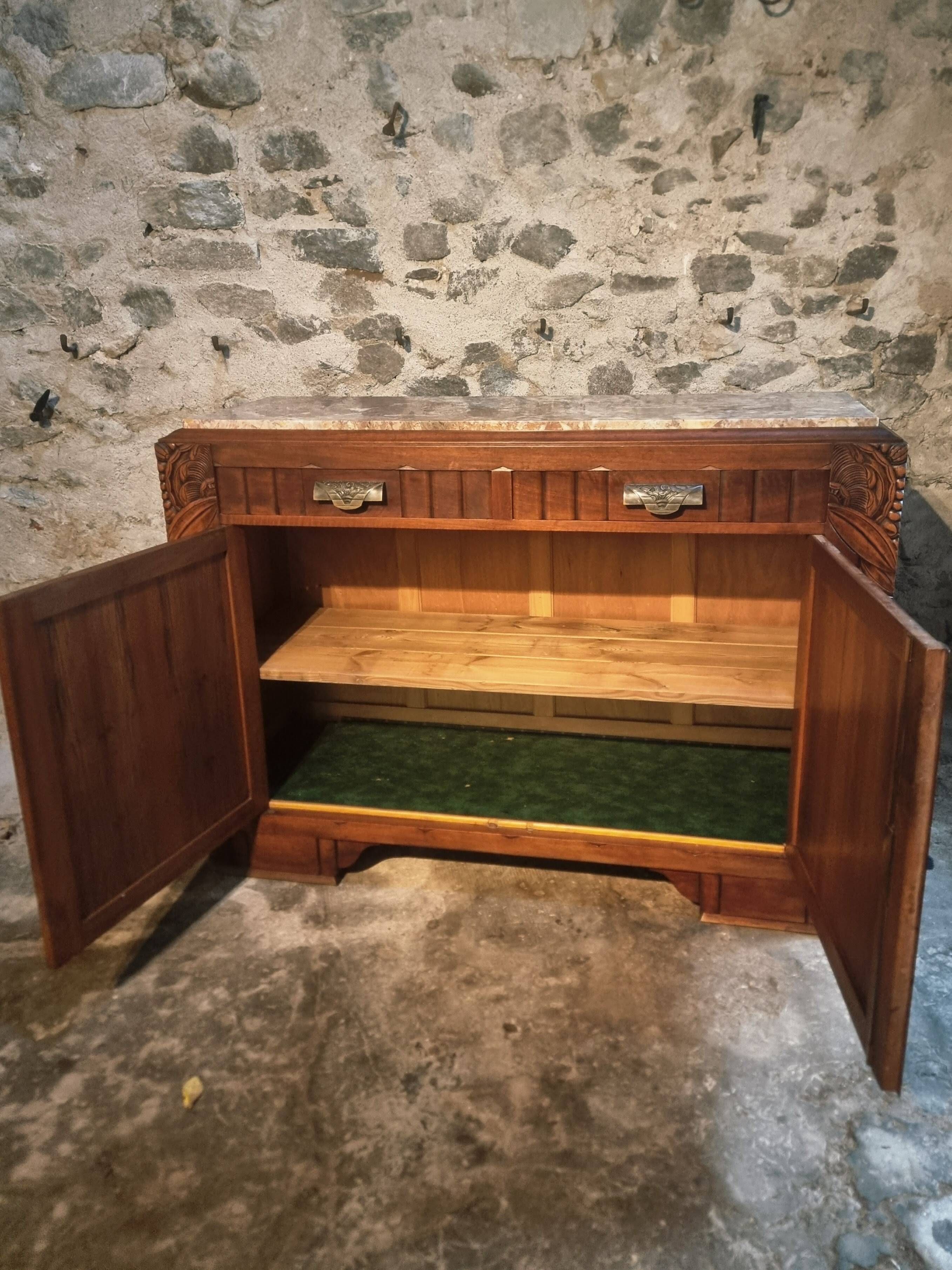 French Art Deco walnut sideboard with marble top (1930s)