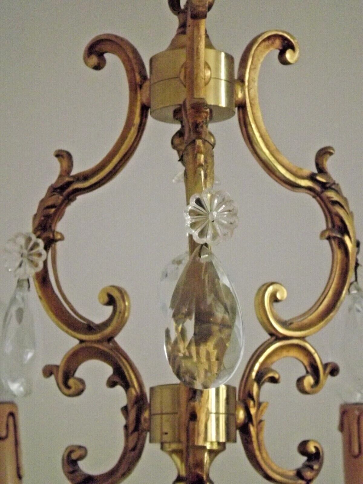 Lovely Quality Brass 6 Light Scrolled Acanthus Leaf Crystal Cage Chandelier 3626