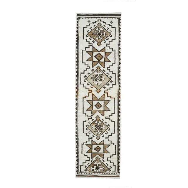 Vintage Turkish Oushak handmade wool cotton white runner rug  91x340