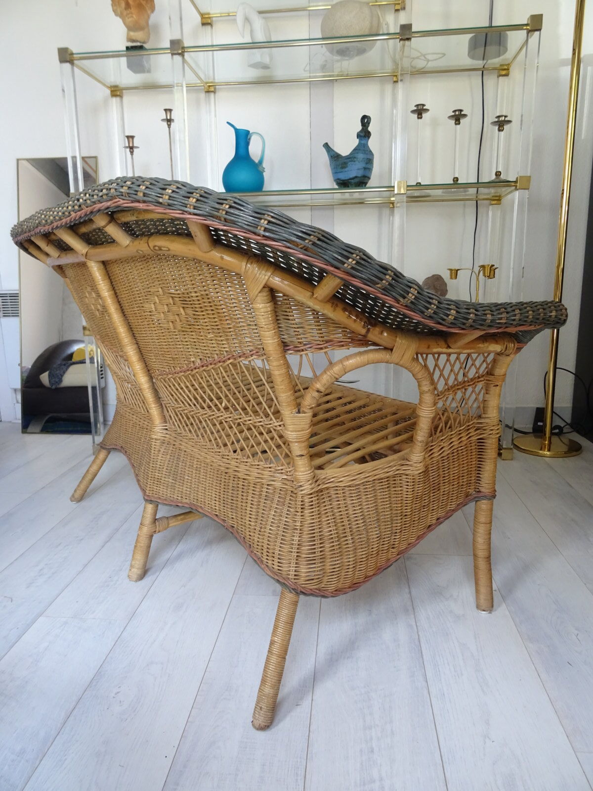 Vintage rattan lounge: one bench, two armchairs