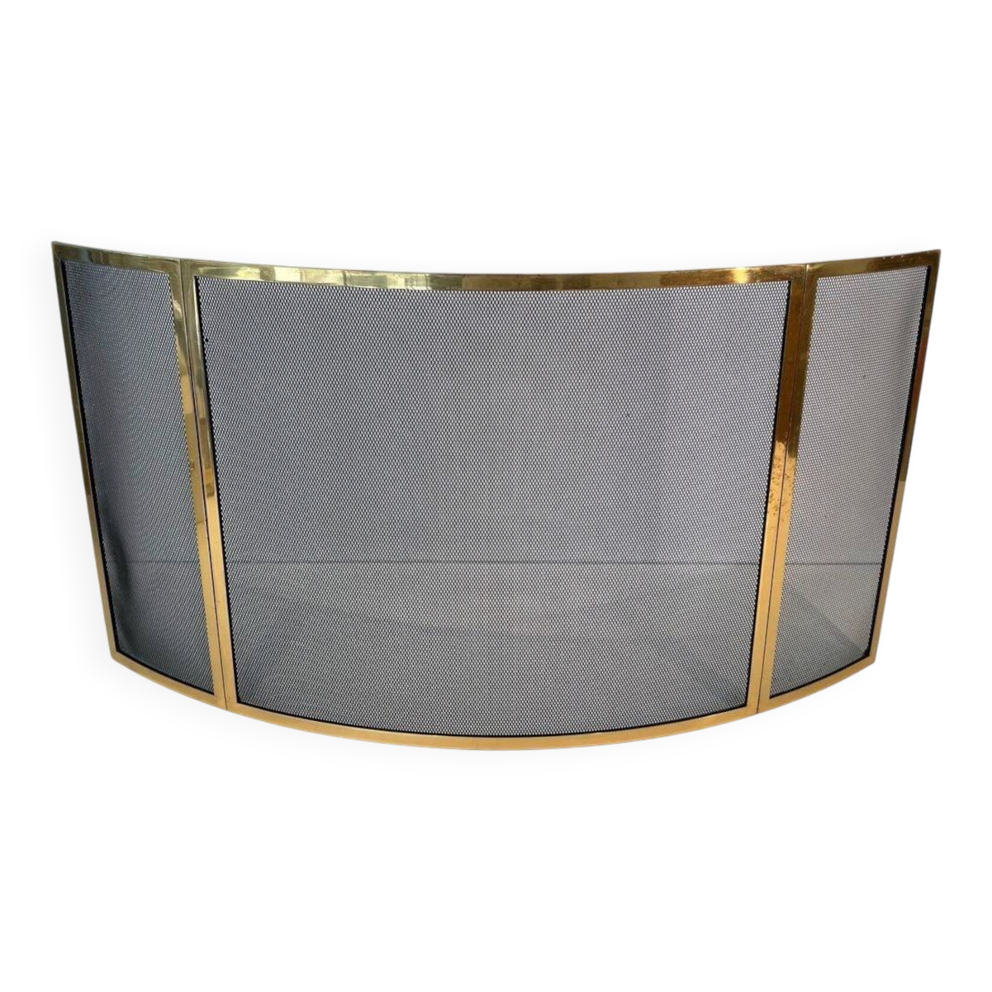 Curved Three-Panel Fire Screen in Polished Brass and Black Grille, in Style of