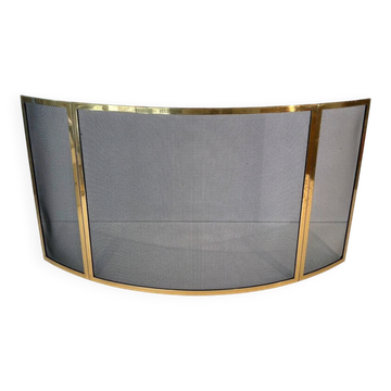 Curved Three-Panel Fire Screen in Polished Brass and Black Grille, in Style of