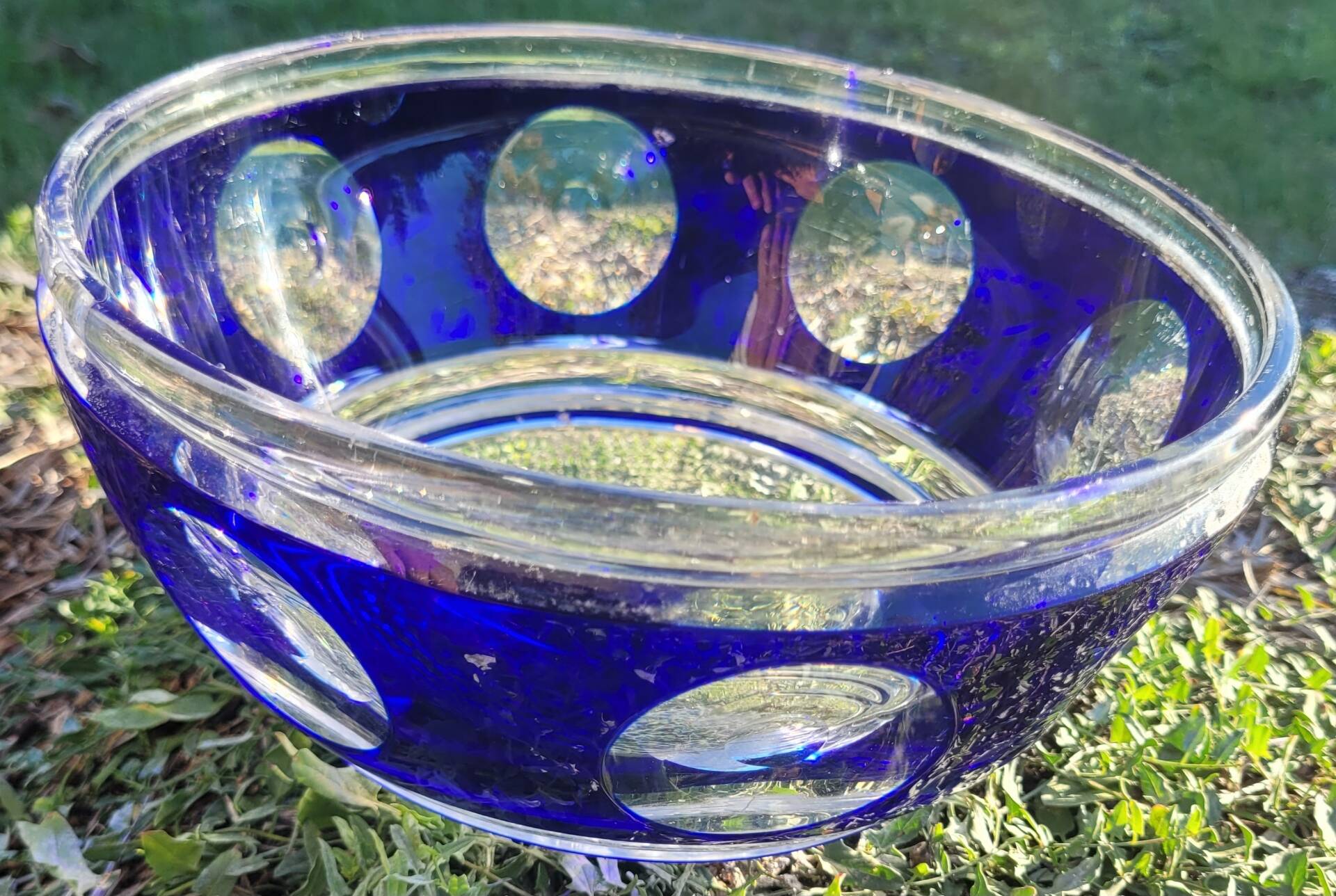 cobalt blue glass bowl with round lenses