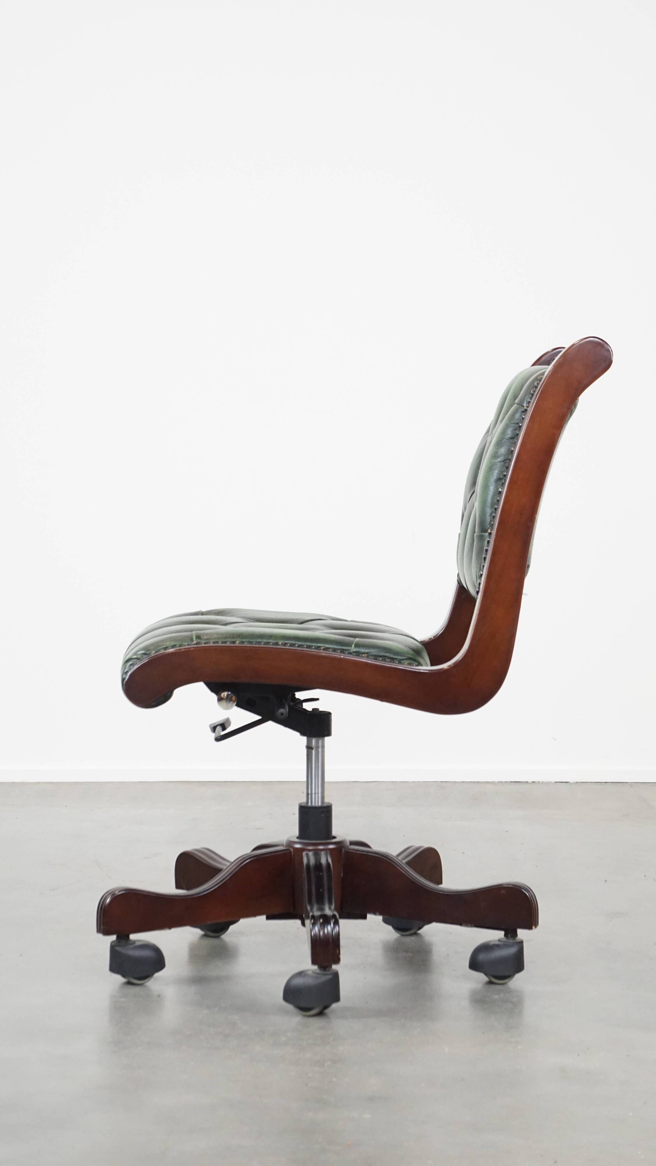English Chesterfield office chair in green leather, height adjustable on casters