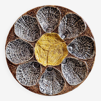 Rare assiette à huîtres antique française en majolique, faïence rustique provençale