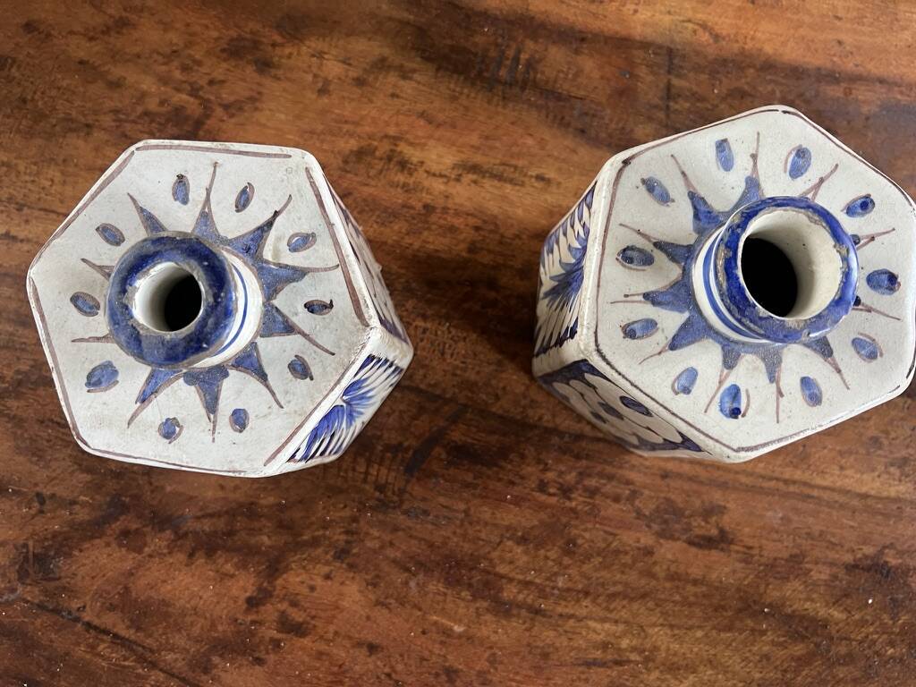 Pair of decorative earthenware bottles with blue decoration – oriental style