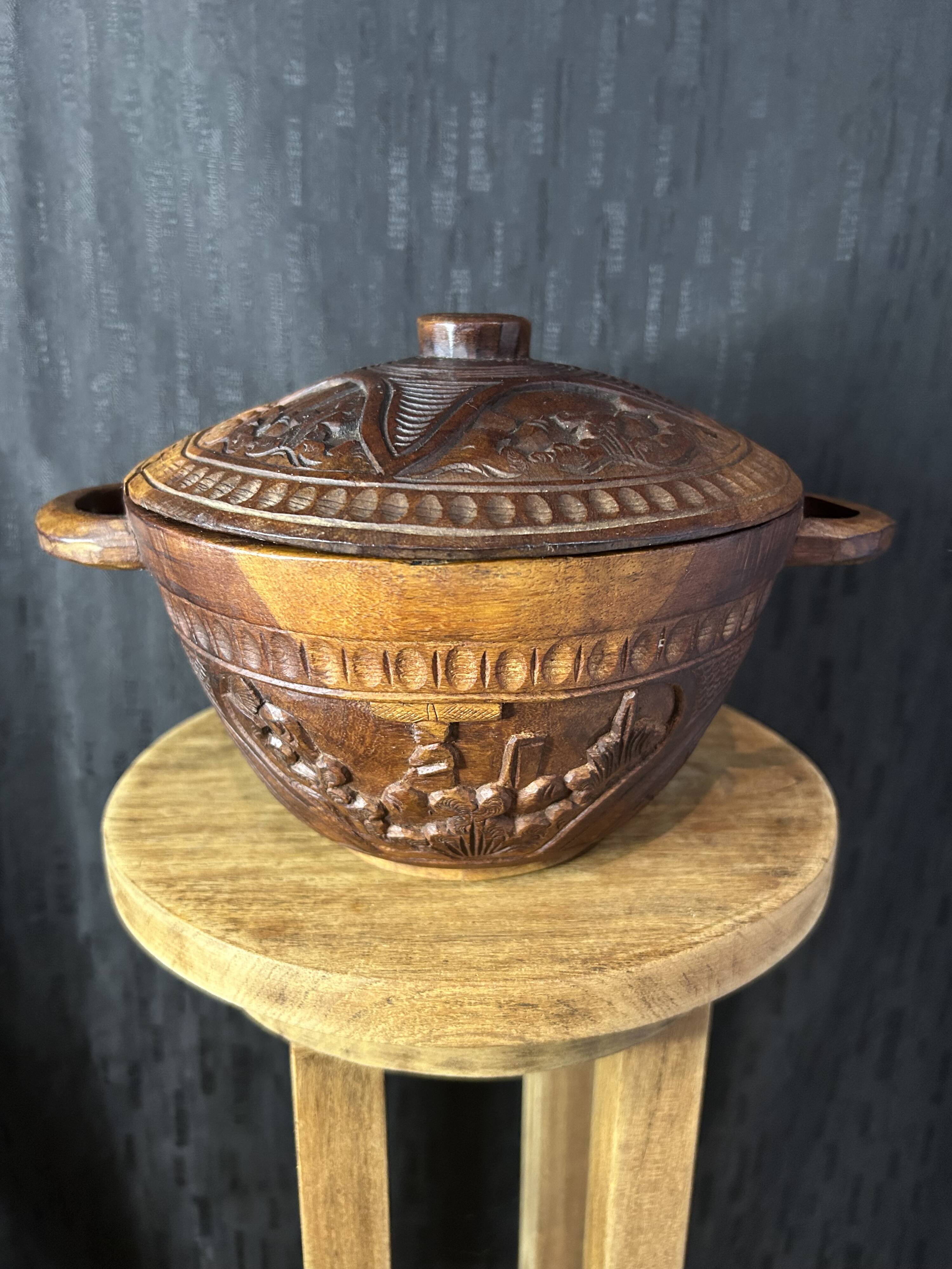 African Art - Madagascar - Vintage - Covered Pot - Carved Rosewood - 1950