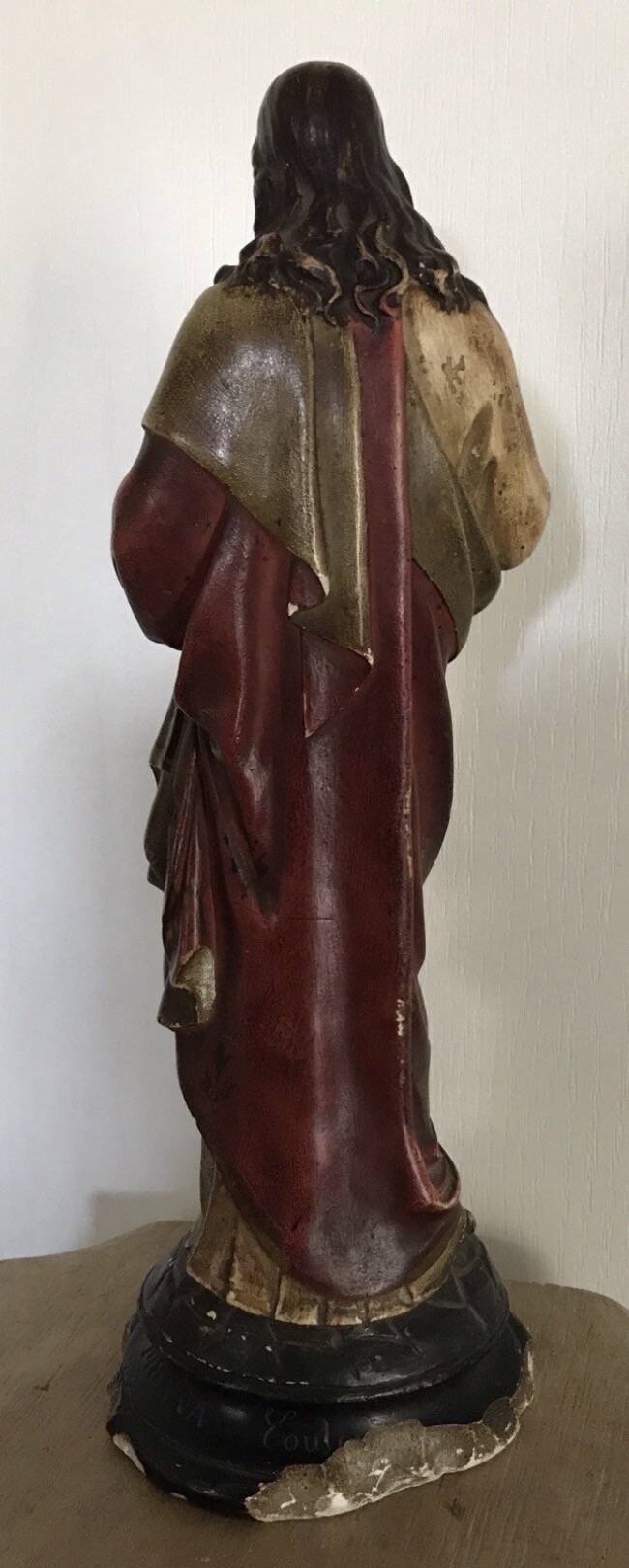 SACRED HEART of Jesus, polychrome plaster religious statue signed 19th century.