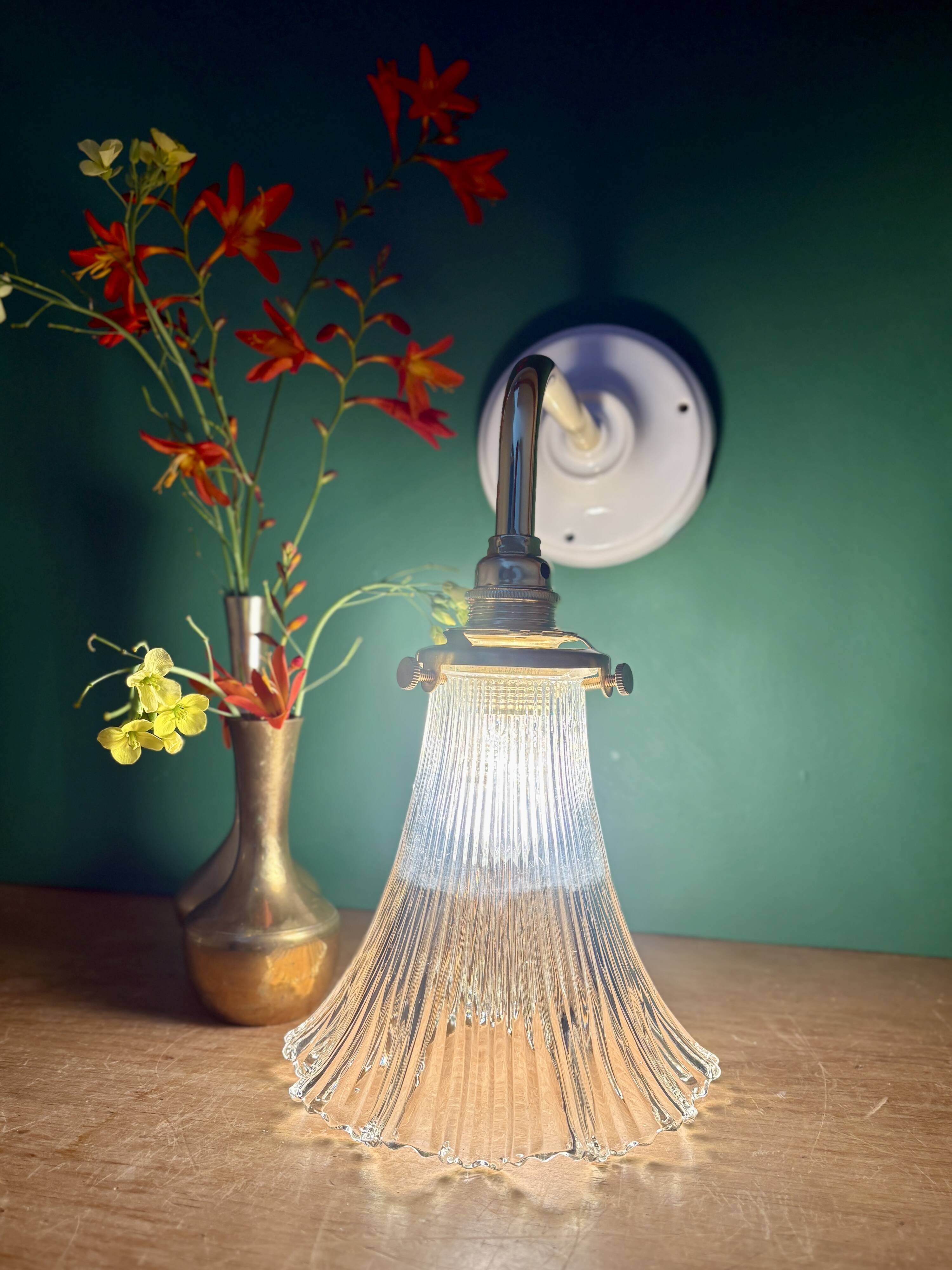 Vintage tulip angled wall light in holophane glass