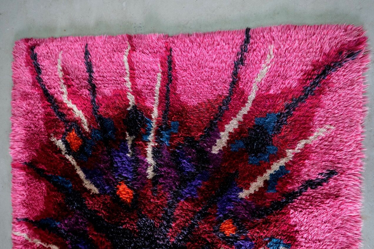 Abstract Scandinavian  Hand-Knotted High Pile Rya Rug Carpet, Sweden, 1960s