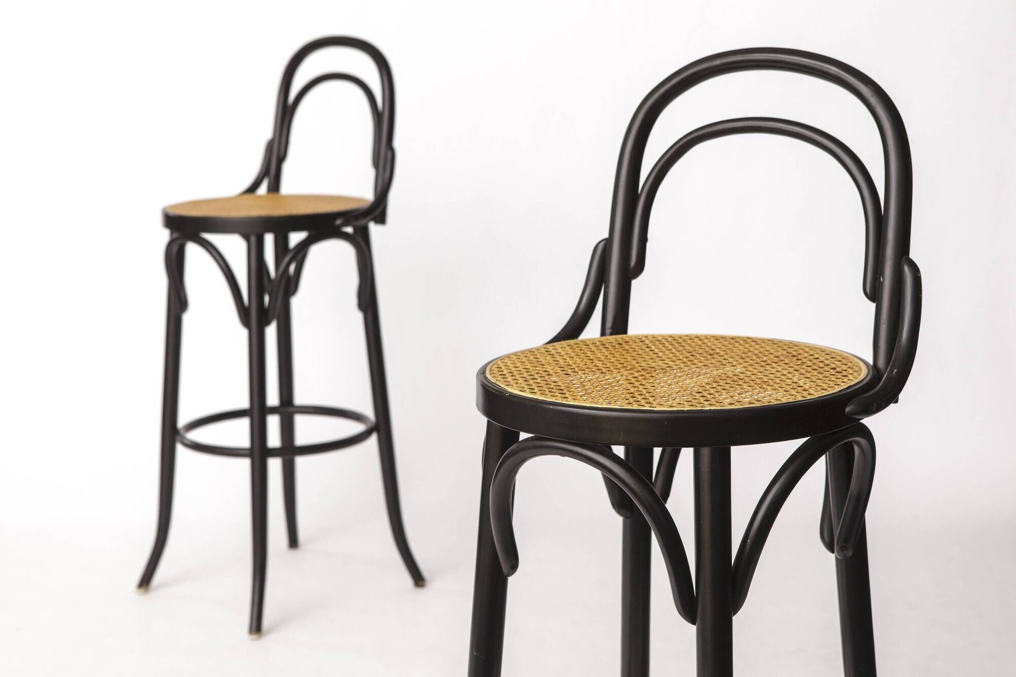Pair of Bentwood Bar Stools with Vienna Cane Seats – Thonet Style, Black