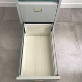 Three-drawer industrial grey metal filing cabinet with hanging backs