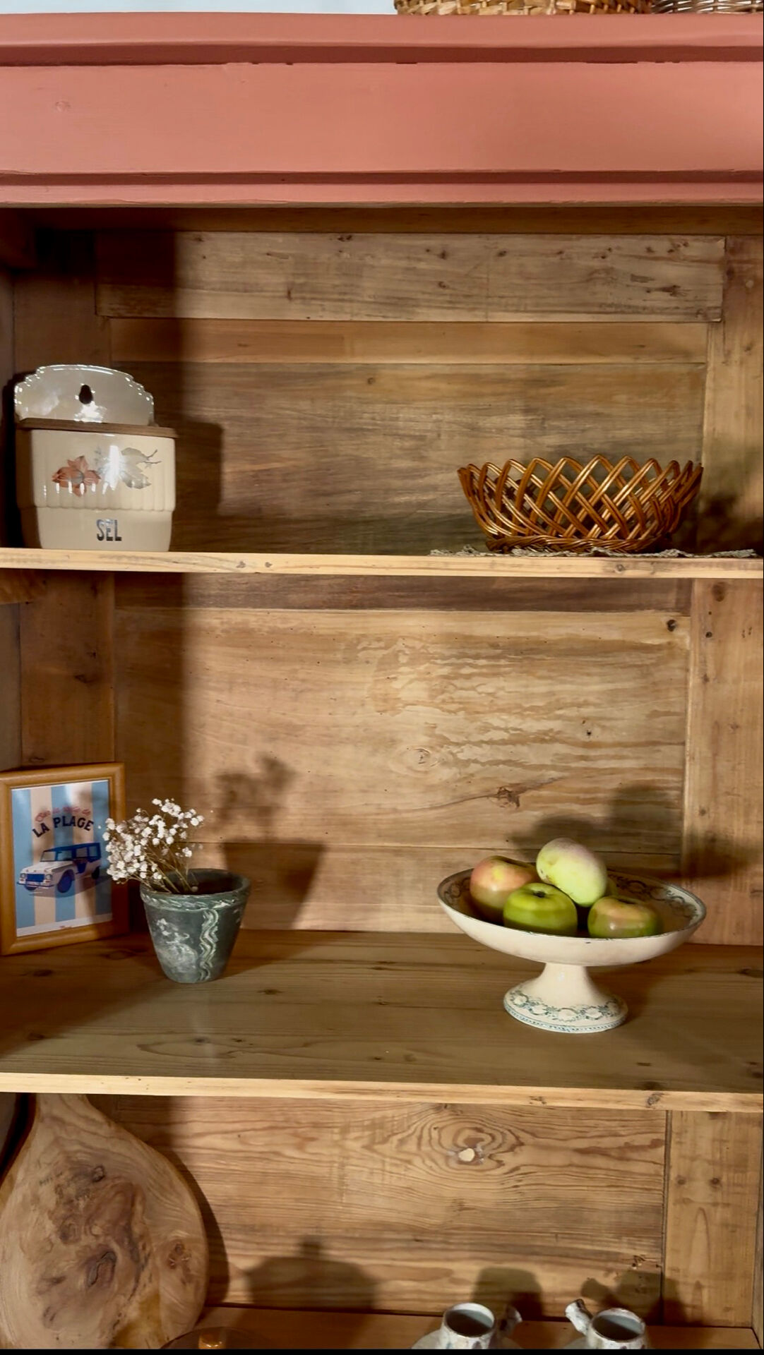 Antique glass-fronted terracotta cupboard