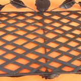 Rectangular metal serving tray with floral decoration.