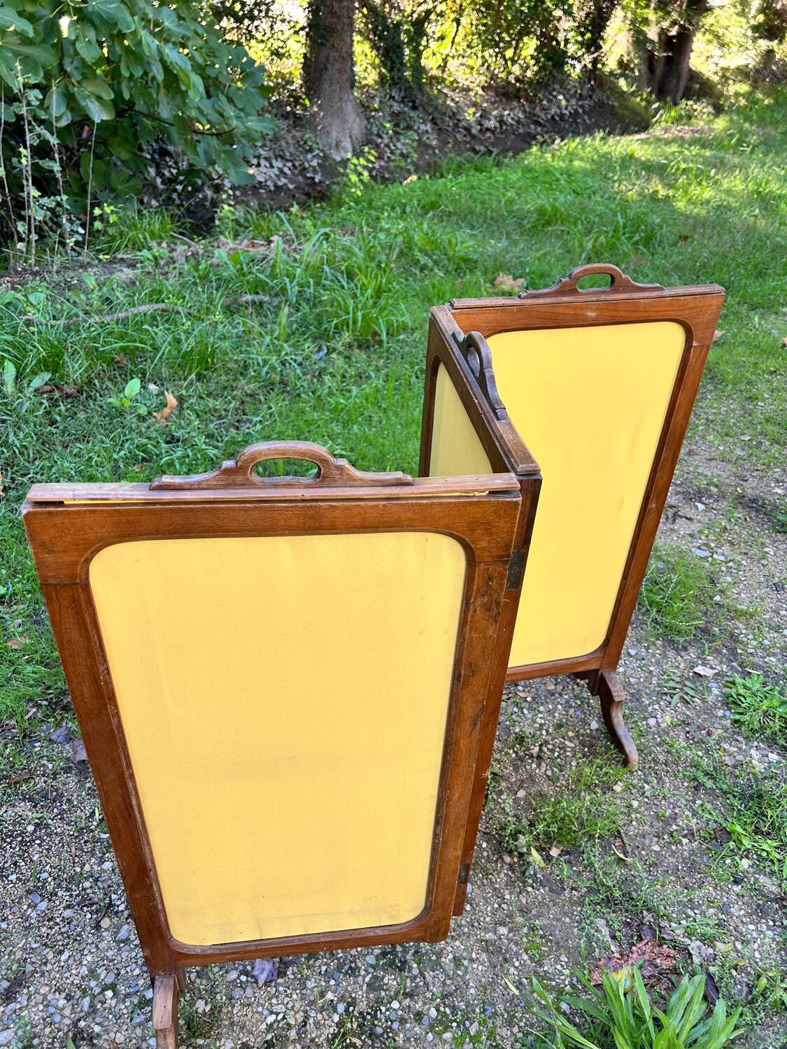 Antique fireplace screen – Solid wood & upholstered panels