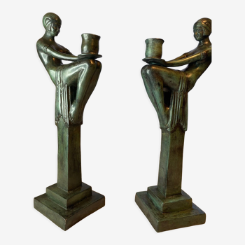 Pair of bronze art deco candle holders