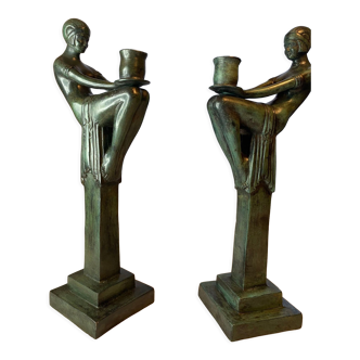 Pair of bronze art deco candle holders