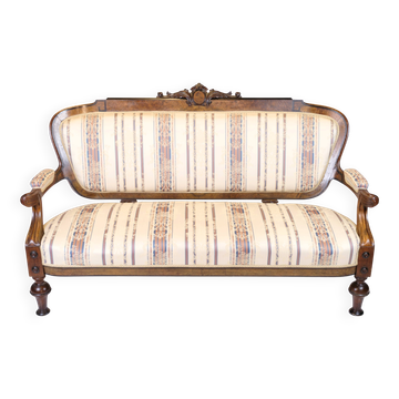 Canapé ancien 3 places - Style Klunke - Tissu rayé - Noyer - Pieds tournés - Années 1890