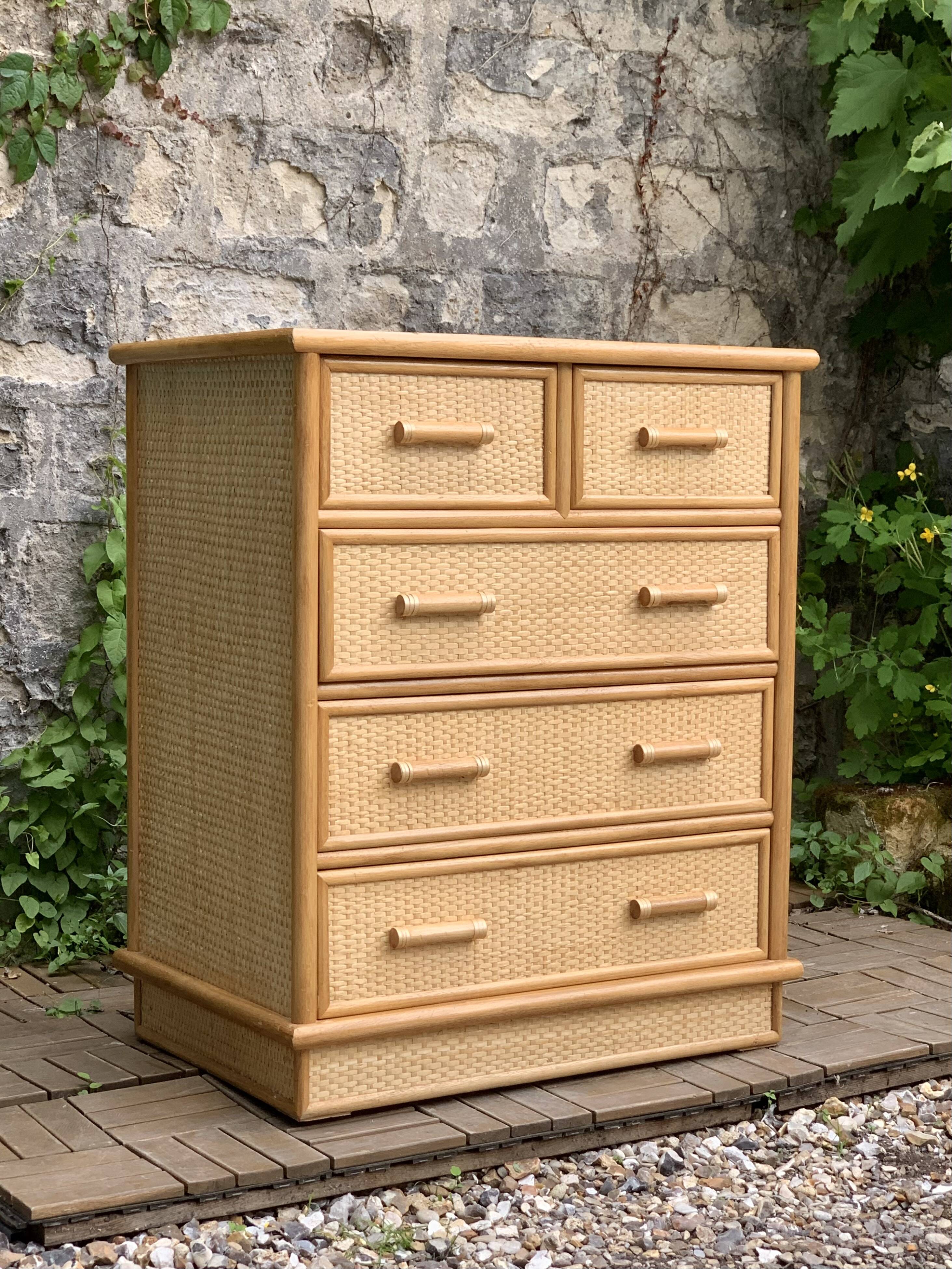 Vintage rattan and woven wicker chest of drawers 1970