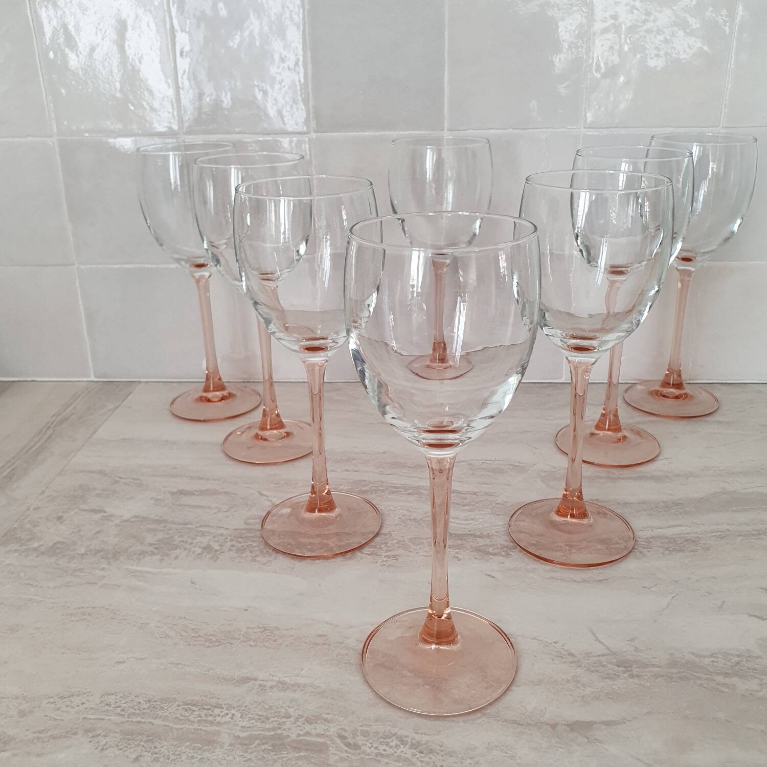 8 Pink Stem Wine/Water Glasses