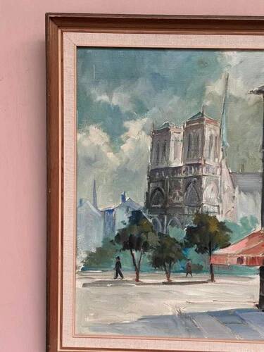Huile sur toile du milieu du siècle – « Scène de ville » par WB, signée, vintage et encadrée 40×47cm