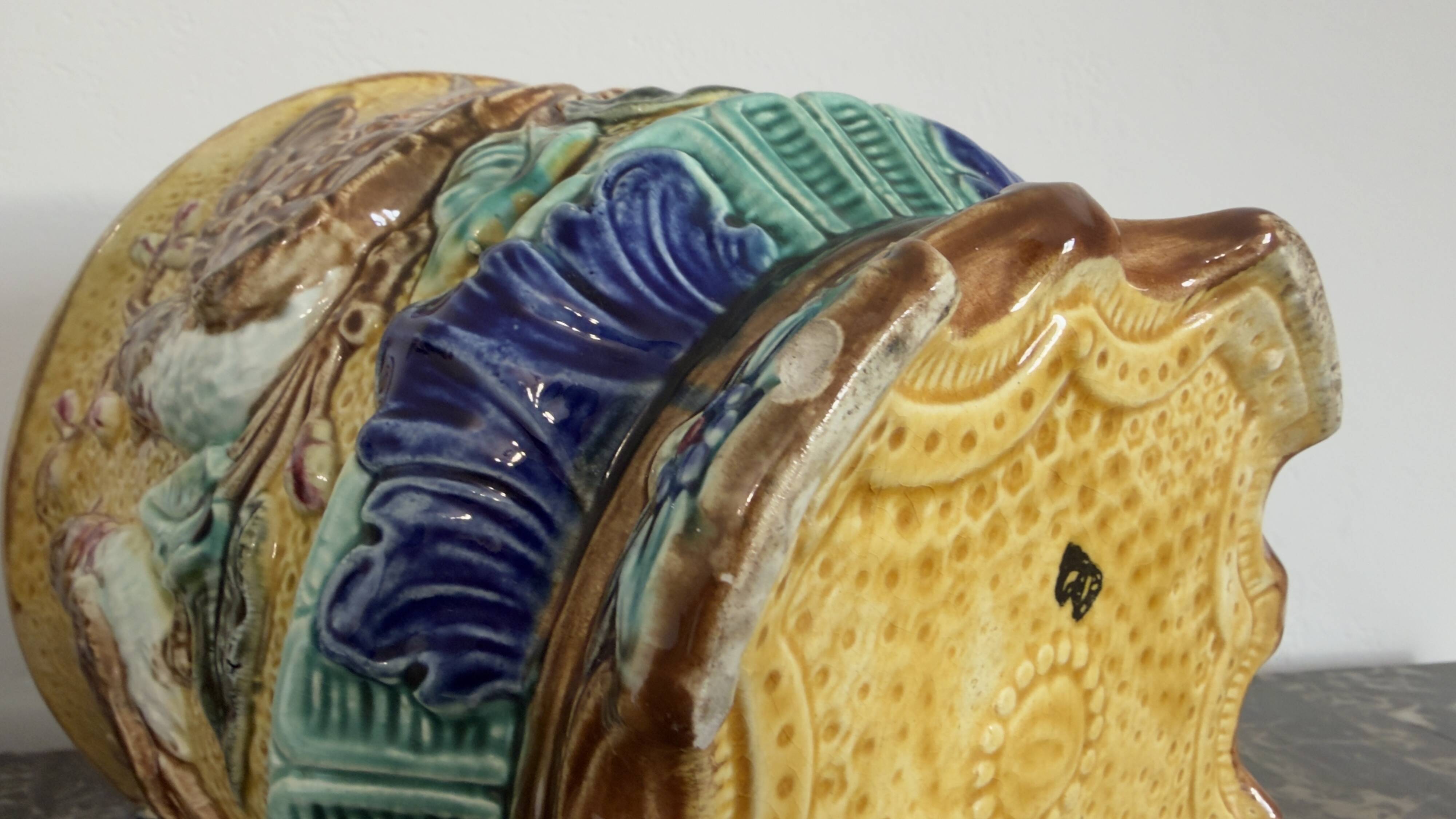 Pair of Art Nouveau Cache-Pots in Barbotine - Bird & Ribbon Decor - Fon