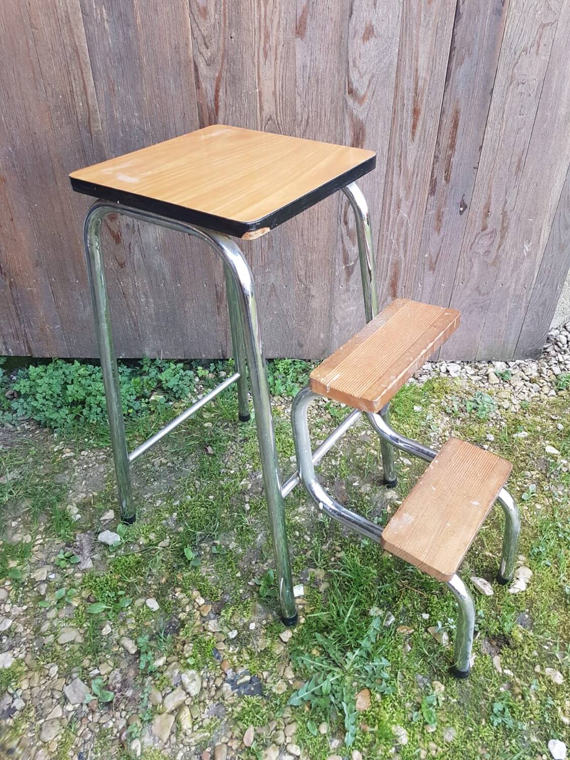 Vintage formica wood metal leg step stool