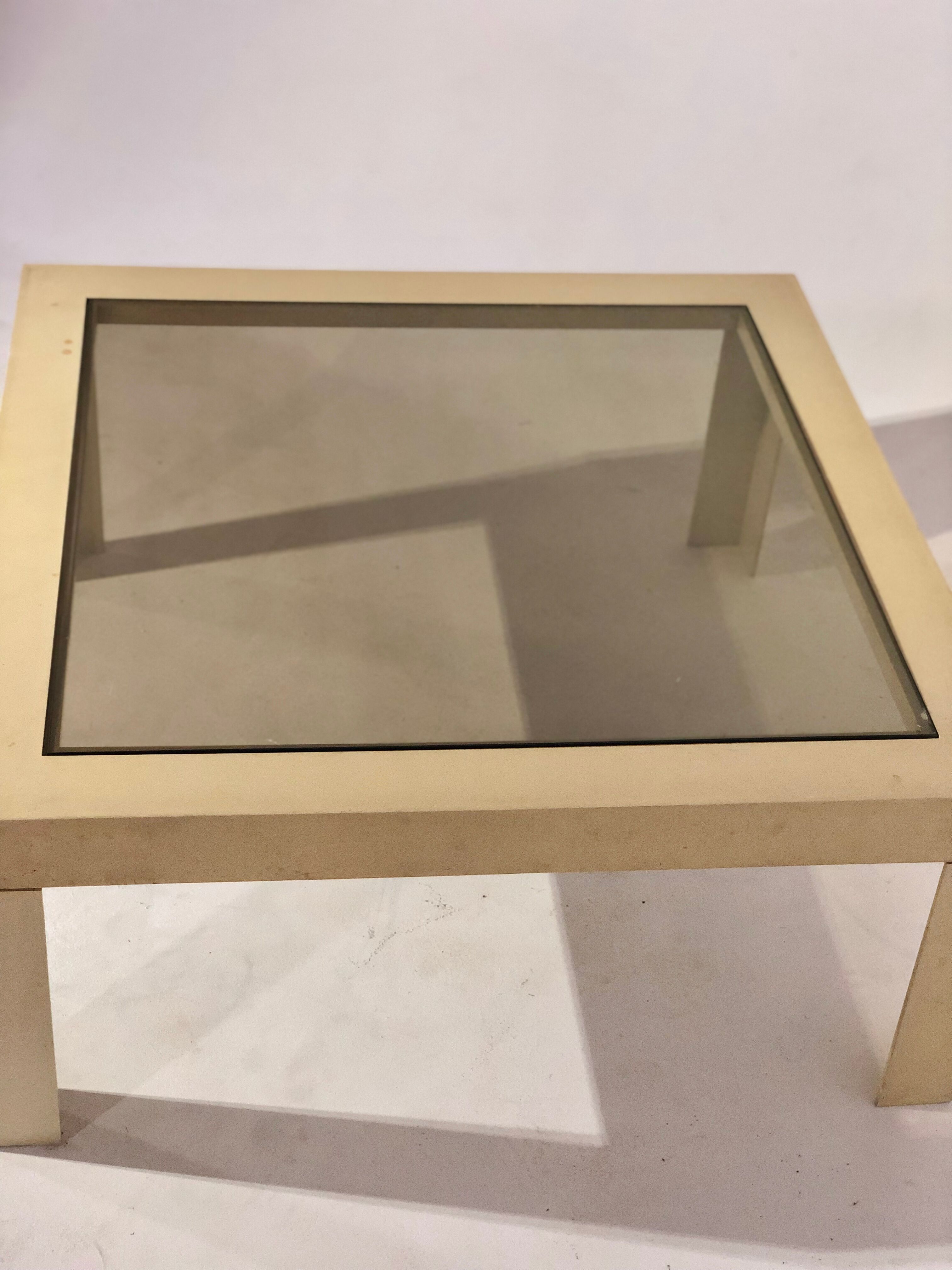 Vintage white plastic coffee table and glass