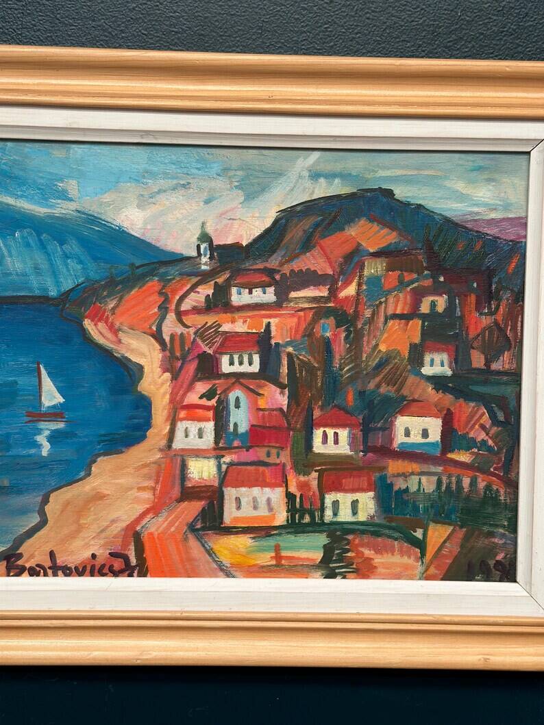 Original Swedish Oil on Panel – “Coastal Town” by Bartovicz 71 – Vintage & Framed – 51 × 41 cm (20" x 16.1")