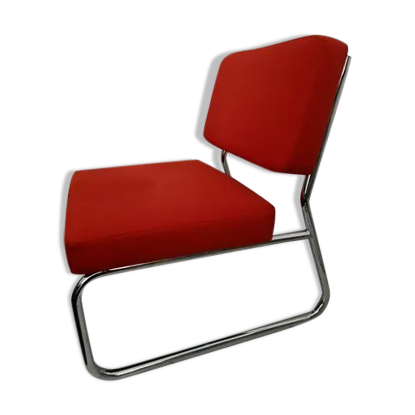 Fauteuil chauffeuse design vintage rouge orangé pied métal 70