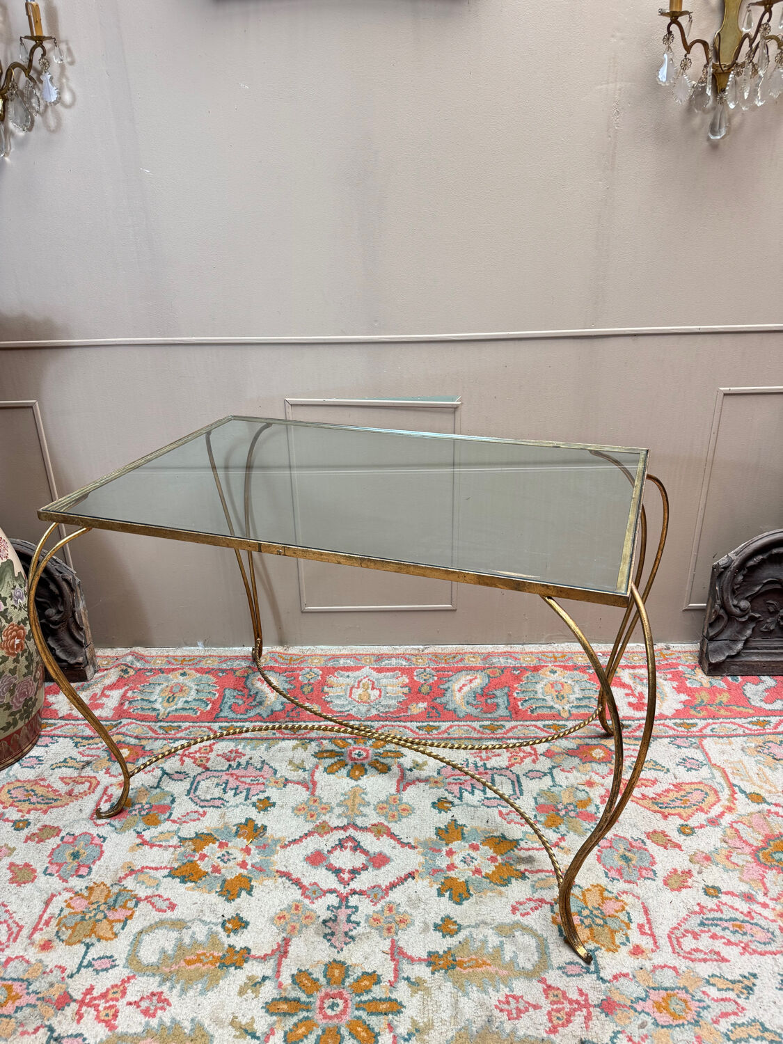 Golden wrought iron console table circa 1950