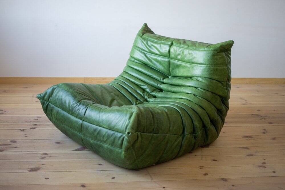 Dubai green leather Togo lounge chair by Michel Ducaroy for Ligne Roset