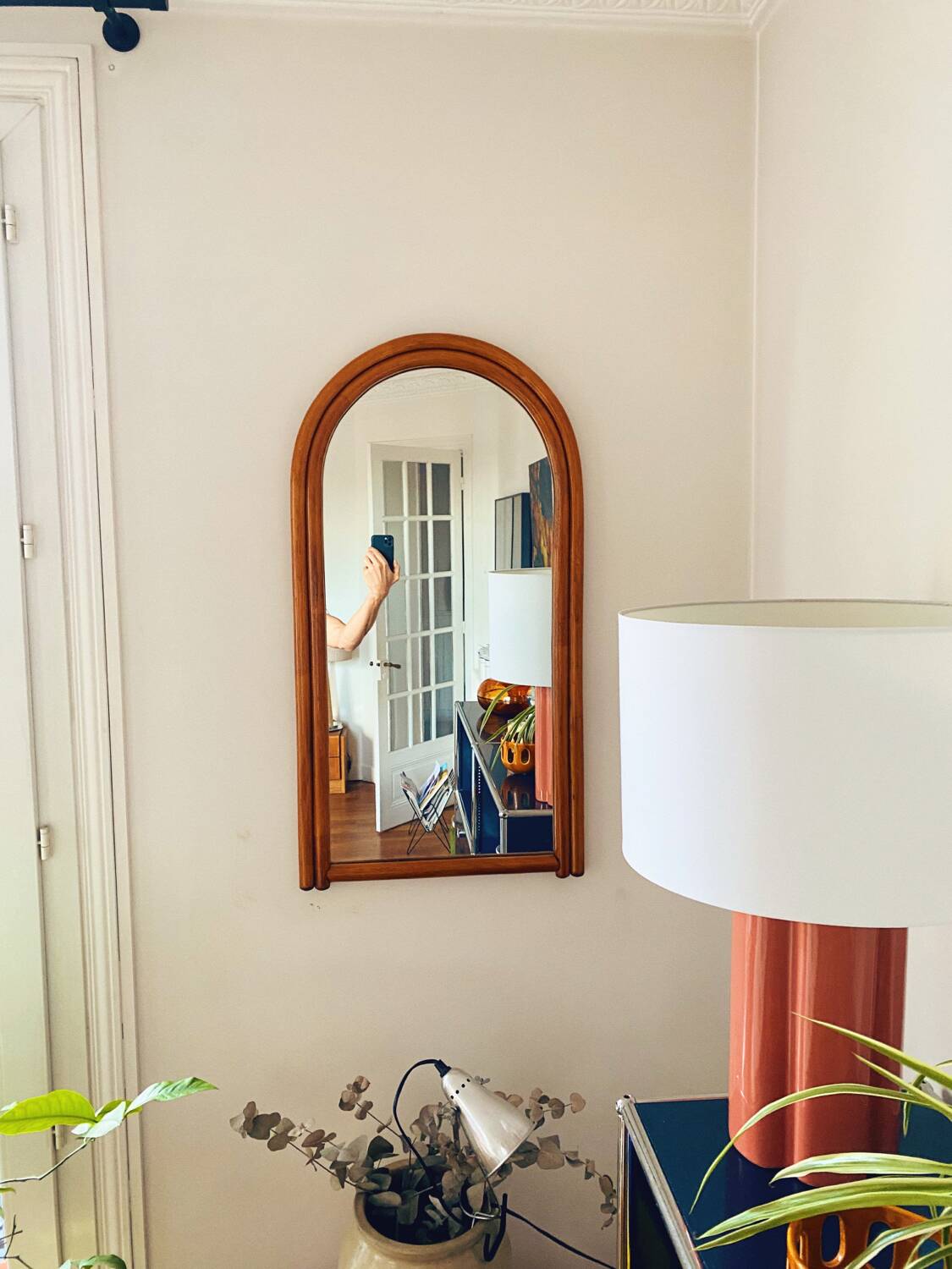 Large Scandinavian style arc wall mirror in bamboo