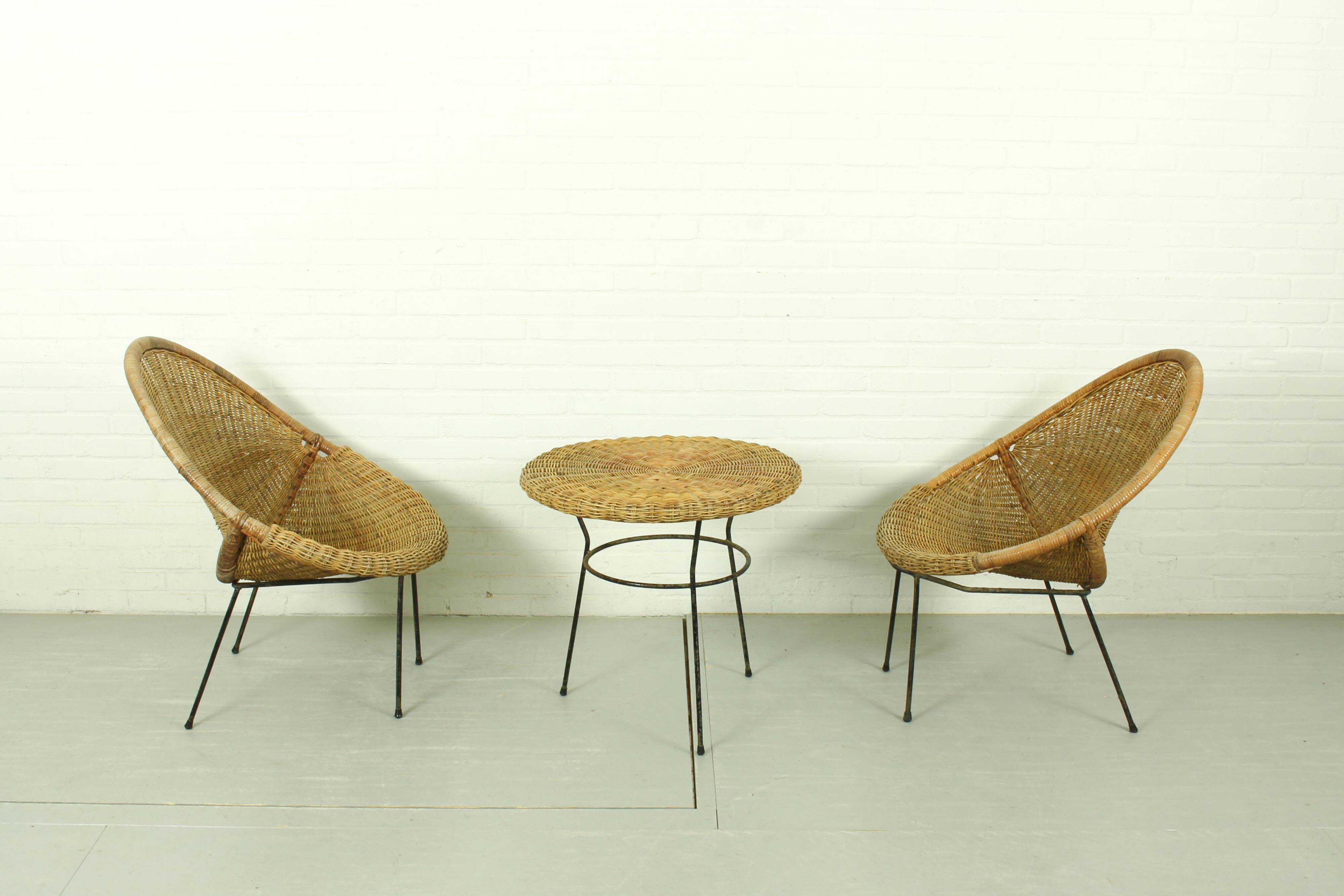 1950s Italian Rattan Basket Chairs & Matching Bistro Table Set
